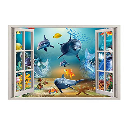 3D Ocean World Fake Windows Wall Sticker,Shark Turtle Tropical Fishes Sea Life Peel and Stick Removable Windows Wall Decals for Boys and Girls Bedroom Playroom Living Room£¨24"x18"£©