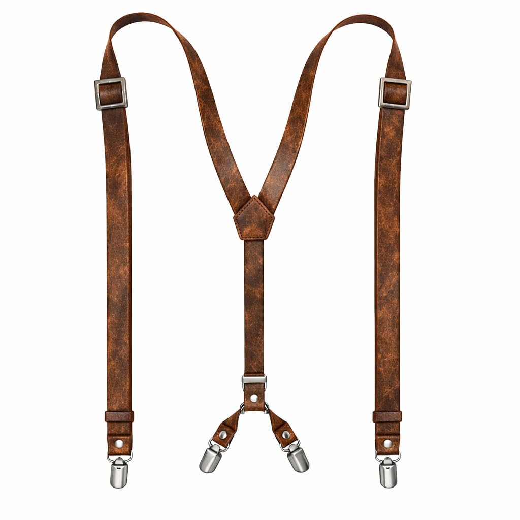Voolup Leather Suspenders for Men – Y-Back Adjustable Heavy Duty Suspenders with 4 Strong Metal Clips | Genuine Full-Grain Leather | Perfect Groomsmen Gift for Wedding | Rustic Brown