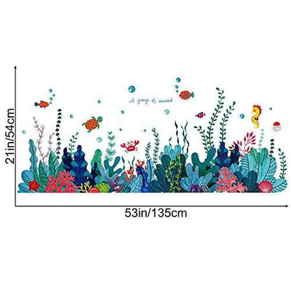 Removable 3D Under The Sea View Grass Wall Decal - DIY Ocean Coral Seaweed Stickers Murals - Peel and Stick Home Decor for Kids Bedroom, Bathroom, Girl Nursery Corner Decoration