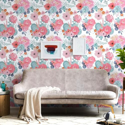 WENMER Floral Peel and Stick Wallpaper, Pink/Green/White Peony Wallpaper, Floral Contact Paper for Desk, Self Adhesive Vinyl Wall Paper for Bedroom Kitchen Classroom Furniture 17.7" x 118"