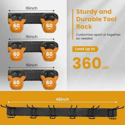Garage Tool Organizer Wall Mount, 48" Heavy Duty Black Rack with 3 Rails & 6 Double Hooks, Wall Mounted Tool Hanger for Rakes, Shovels, Brooms, Ideal for Garage, Shed, Workshop