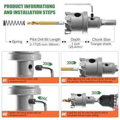 Carbide Hole Saw Kit for Metal, 17PCS (9/16" - 2 1/8") Tungsten Hole Saw with M2 High-Speed Steel Step Drill Bit, Carbide Hole Cutter Drill Bits Set for Metal, Stainless Steel, Wood, Iron, Plastic