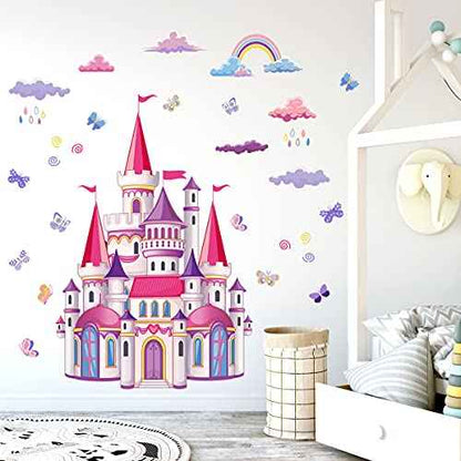 Princess Castle Removable Fairy Tale Wall Decals for Kids - Waterproof Nursery Bedroom Playroom Wall Stickers, Cartoon Castle Wall Art for Girls Room and Kindergarten Classroom Decor