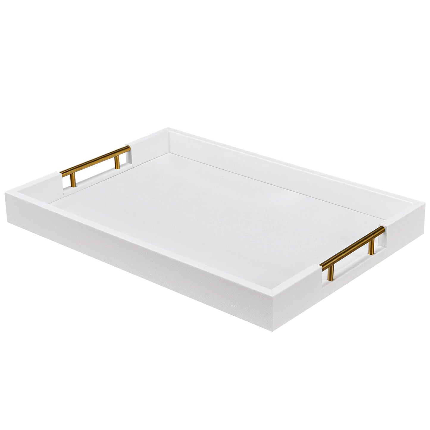 14x20 Inches White Faux Leather Wrapped Wood Serving Tray with Metal Handles for Various Occasions, Ottoman, Home Decor Decorative, Living Room, Coffee Table Organizer, Serving Breakfast On Bed