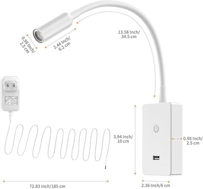 LED Wall Mounted Bedside Reading Light, Touch Dimmable Spot Lamp for Bedroom Headboard Light with 5V2A USB Port, Flexible Gooseneck, 4 Brightness Levels, Neutral White 4000K Lighting