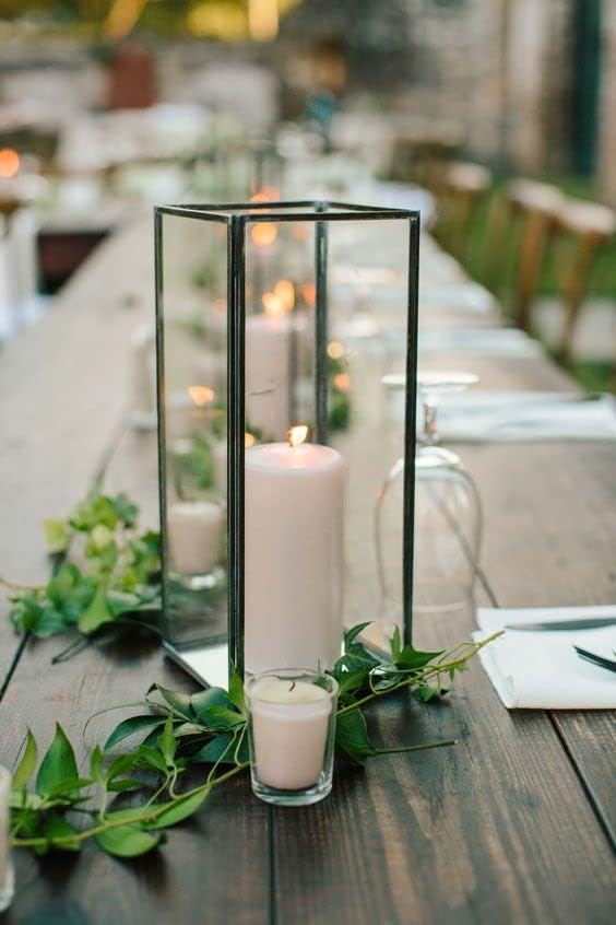 Set of 3 Square Glass Hurricane Candle Holders, Clear Glass Framed in Vintage Brass, Pefect for Spa, Hotel, Festival, Home Decoration,(Bronze Fram Finsh)