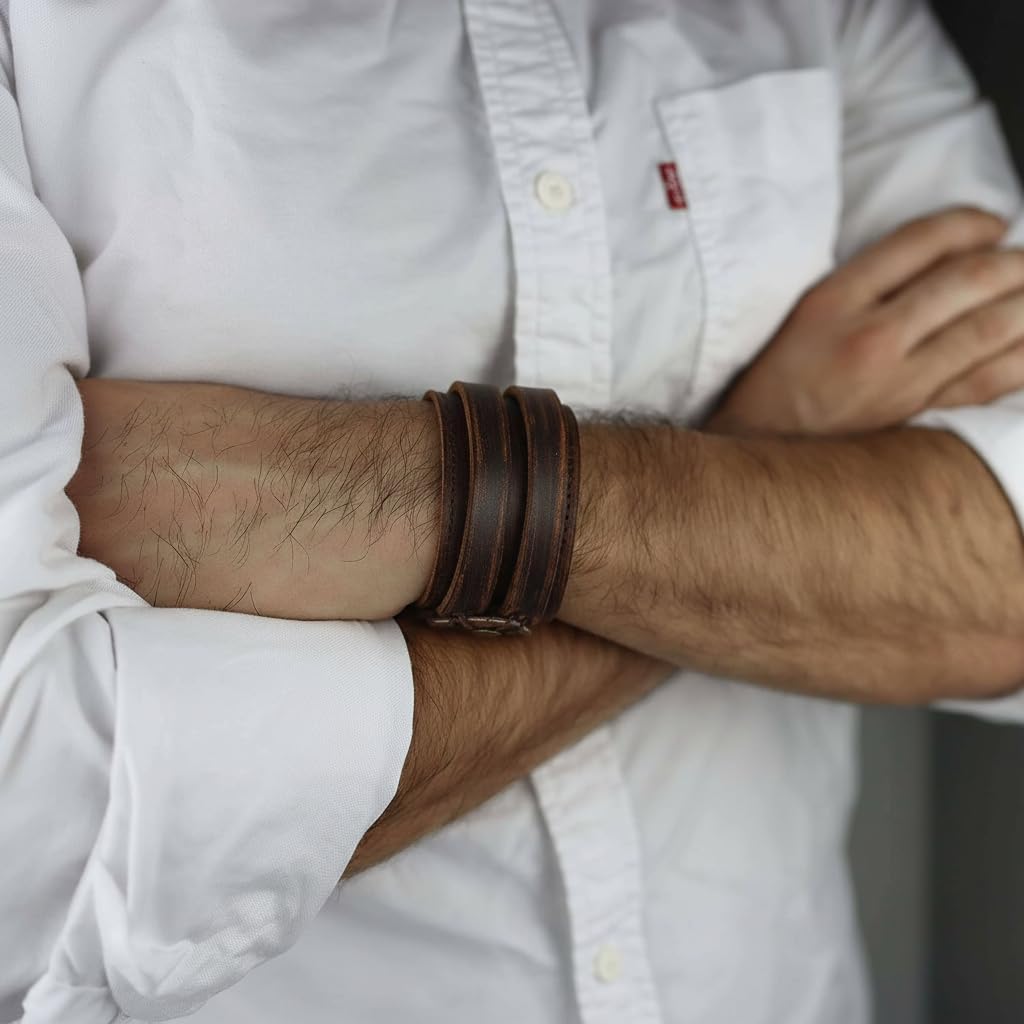 COOLSTEELANDBEYOND Men's Wide Brown Distressed Leather Cuff Bracelet with Snap Button Closure, Multi Wrap Layered Wristband, Vintage Biker Punk Jewelry Gift