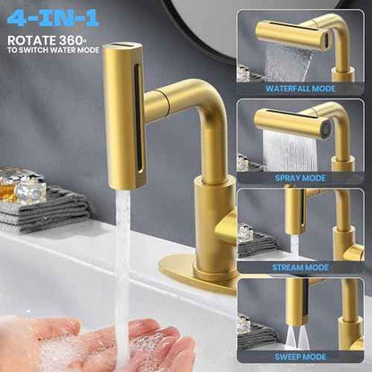 Gold Bathroom Faucet with Sprayer - Brushed Gold Bathroom Faucets for Sink 1 Hole or 3 Holes, 4 Mode Single Handle Vanity Faucet Waterfall Bathroom Faucet with Pull Down Sprayer (No Drain)