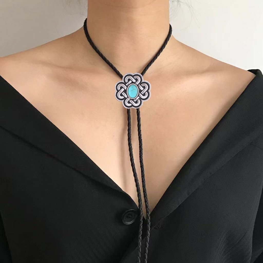 Bjesinmo Western Bolo Tie for Men Vintage Turquoise Bolo Tie Flower Women Rodeo Cowboy Leather Necktie Accessories