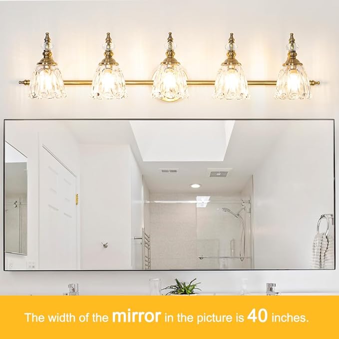 5 Lights Brass Gold Bathroom Light Fixtures, Antique Vanity Light with Flower Glass Shade, Bathroom Vanity Light Over Mirror, Farmhouse Sconces Wall Lighting for Hallway Livingroom Bedroom