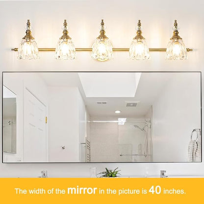 5 Lights Brass Gold Bathroom Light Fixtures, Antique Vanity Light with Flower Glass Shade, Bathroom Vanity Light Over Mirror, Farmhouse Sconces Wall Lighting for Hallway Livingroom Bedroom