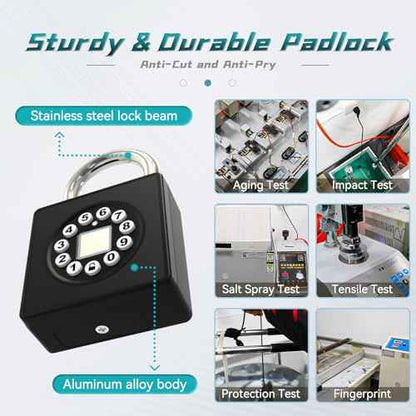 SFW Fingerprint Padlock with Key,Heavy Duty Combination Lock Locker,Water Resistance with Codes APP Access for Outdoor Fence Gate Pool Shed Gym Lock Storage