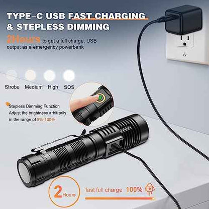 Rechargeable Tactical Flashlights High Lumens - 1500 Meters Long Beam Super Bright LED Magnetic Flashlight USB Zoomable 5Modes Small Long Beam Spotlight Flashlight for Hiking, Camping