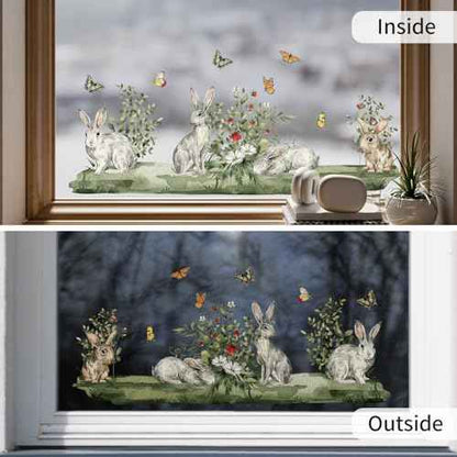 Spring Woodland Forest Animals Window Decals, Vinyl Non-Adhesive Double-Sided Static Clings, Rabbit, Butterfly, Grass, Anti-Collision Stickers for Kids Bedroom Windows Glass Home Decor
