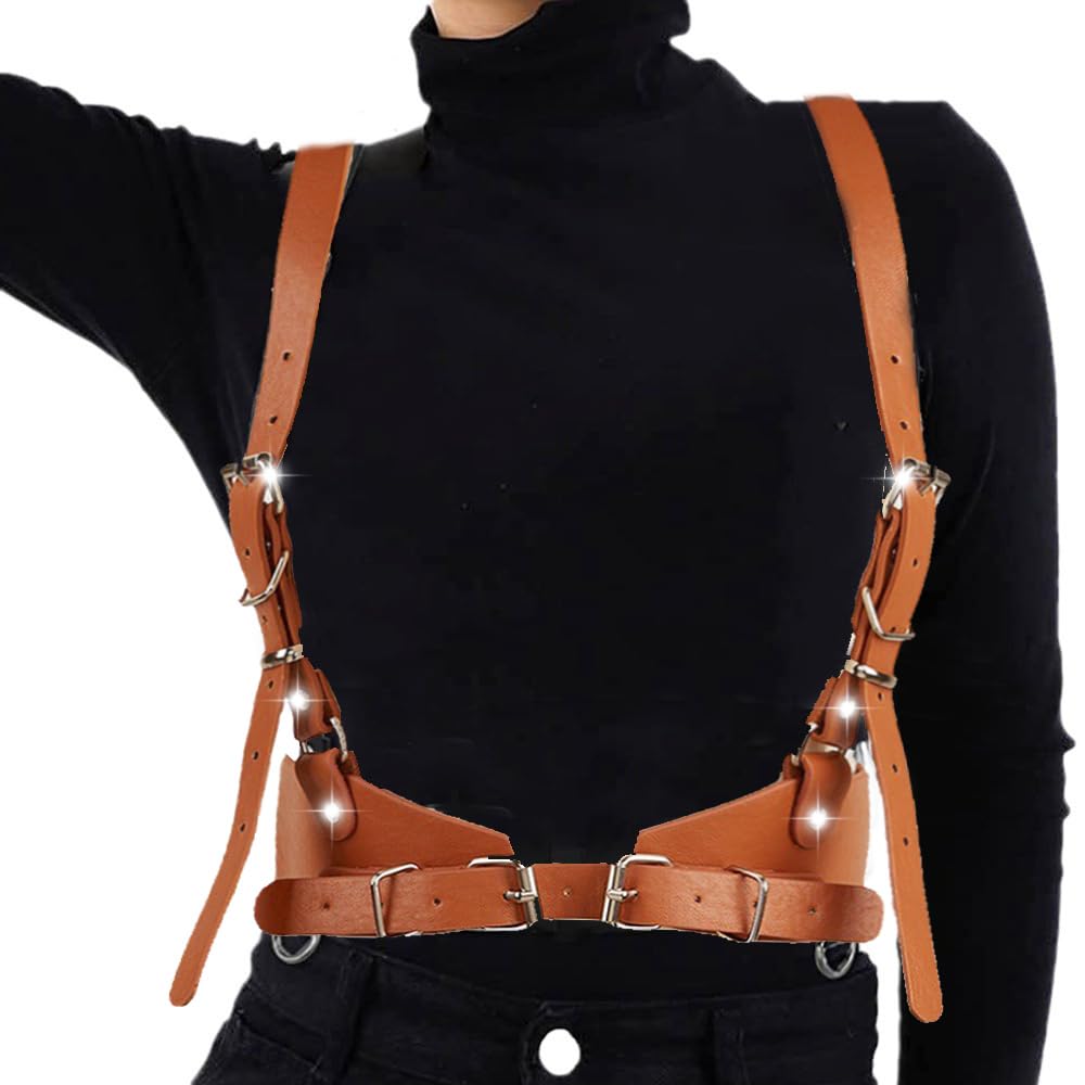 CLOACE Punk Waist Belt Gothic Black Leather Wide Waist Belts Elastic Cosplay Halloween Body Chain Accessory for Women (brown)