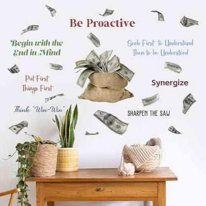 2Sheets Creative Money Bag Filled Dollars Object Wall Decal Removable DIY Inspirational Quotes Wall Decals Vinyl Peel and Stick Money Wallpaper for Girls Boys Bedroom Living Room Bathroom Decor