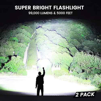 Rechargeable Flashlights High Lumens, 99,000 Lumens Super Bright Led Flashlights with 5 Modes & Waterproof, Powerful Handheld Flashlight for Camping Home (2 Pack)