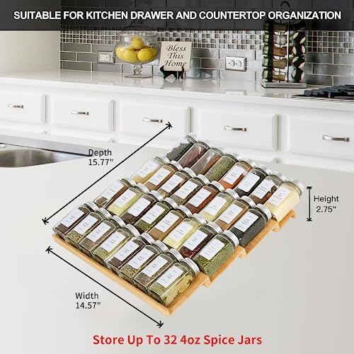 Spice Drawer Organizer with 24 Spice Jars and 216 Labels,Non-slip Rubber, Bamboo 4 Tier Spice Racks Tray Seasoning Containers for Kitchen Drawers,Cabinets,Countertops,13" Wide * 15.8" Deep