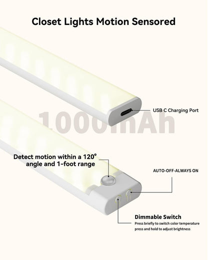 Rihvy Under Cabinet Lighting Wireless, 3 Packs Rechargeable Motion Sensor Light Indoor Disassembled, 3 Color Temps Closet Light Stick on, 8 Inches Under Counter Lights for Kitchen, Wardrobe, Bedroom