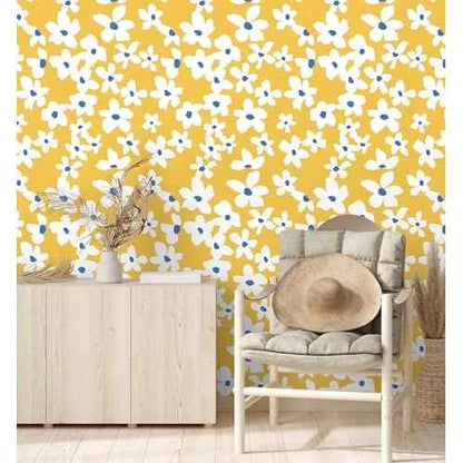 HAOKHOME Yellow Peel and Stick Wallpaper Floral Yellow/White/Blue Removable Wall Paper for Bedroom Bathroom Textured Stick on Contact Paper 17.7in x 9.8ft