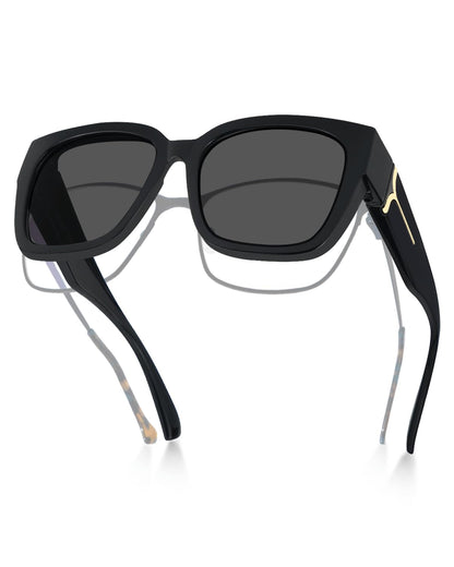 Meeloog Polarized Fit Over Glasses Sunglasses for Women UV Protection, Trendy Square Wrap Around Shades for Driving Riding (P1 Black Frame/Grey Lens)