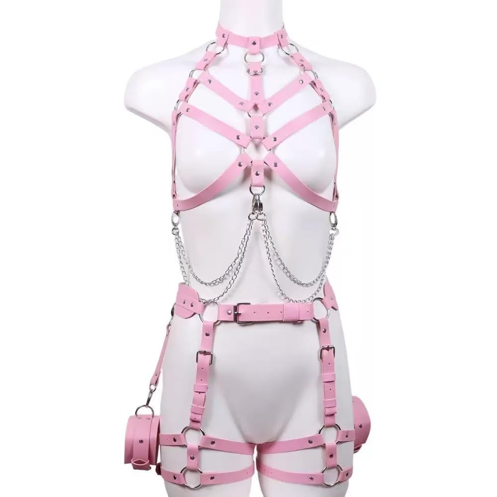LUXINGLU Women Punk Waist Belts PU Leather Fashion Goth Belt Body Harness Belt for Nightclub Dress Halloween Accessories(Pink)