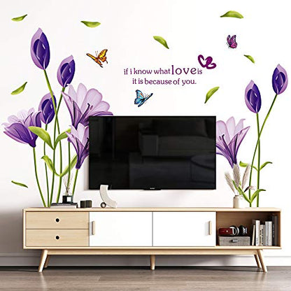 LiveGallery Beautiful Lovely Lily Flowers Wall Decals Removable DIY Butterfly Flower Vines Art Decor Wall Stickers Murals for Living Room TV Background Kids Gilrs Rooms Bedroom Decoration (Purple)