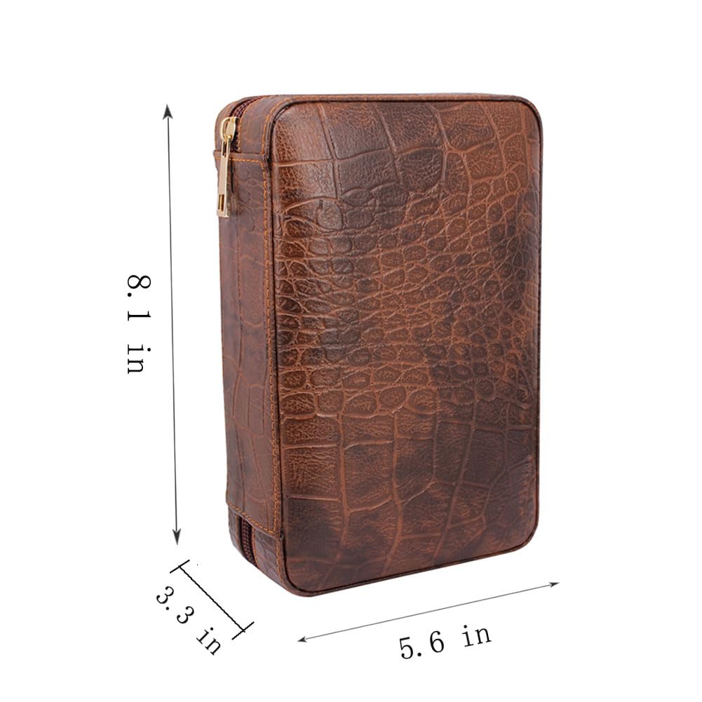 AMANCY Manly Black Brown Crocodile Pattern Leather Travel Cedar Wood Lined 4 Cigar Humidor Case, Included Cigar Cutter and Lighter Set