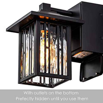 Outdoor Porch Lights with GFCI Outlet, Bronze Exterior Lights Fixture for House, Outside Wall Lights Wall Mount with Water Ripple Glass, Waterproof Patio Wall Sconce for Garage, Front Door