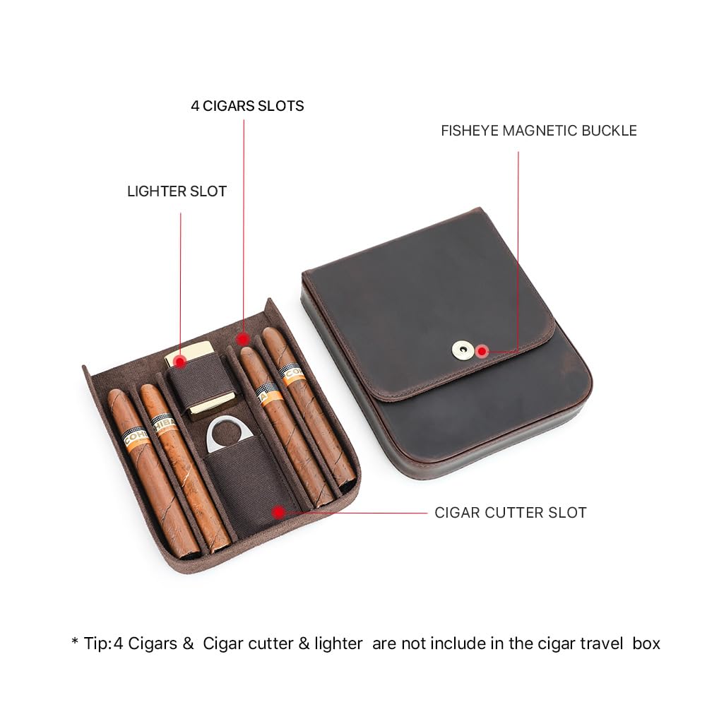 Hiram Vintage Leather Cigar Case for 4 Cigars Travel Cigar Holder with Fisheye Magnetic Buckle Includes Lighter & Cutter Slots Fits 60 Ring Gauge & 6.5 Inch Length Cigars Retro Portable Pouch