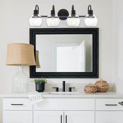 4-Lights Contemporary Bathroom Light Fixtures Over Mirror with Seeded Globe Glass Shades, Black Rustic Vanity Wall Lighting for Bedroom Dressing Cabinet