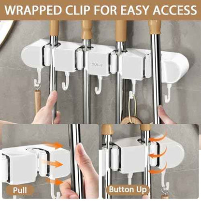 6PCS 4 Racks and 5 Hook Broom Mop Holder with Hooks Wall Mounted Broom Storage Rack No Drilling Self-Adhesive Mop Broom Organizer Mop Holder Hanger for Bathroom Office Kitchen Closet Garage,White