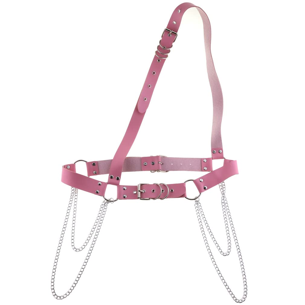 Women's Leather Waist Belt Punk Rock Leather Body Rock Chain Straps Harness Belt Adjustable Pink