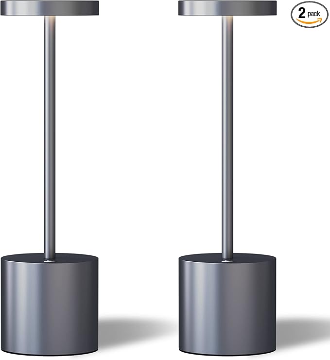 LED Cordless Table Lamps Set of 2, Portable Rechargeable 5000mAh Battery Powered Lamp, Metal 3 Color Stepless Dimming Table Light for Outdoor/Patio/Restaurant/Home. (Grey)