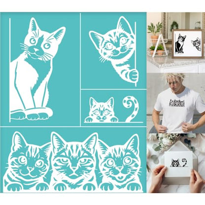 2 Sheets Silk Screen Stencil, Interesting Cats Painting Stencils Templates Reusable Self-Adhesive Silk Screen Printing for Wall Border Wood Fabric Home Craft Decor
