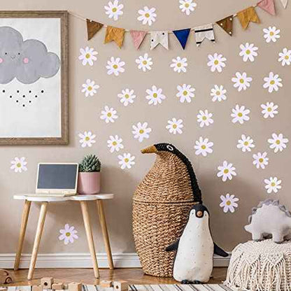 Bremorou 36PCS Retro White Daisy Flower Wall Stickers, Waterproof & Reusable Vinyl Wall Floral Decals for Kids Nursery, Bedroom, Classroom, Office Decor