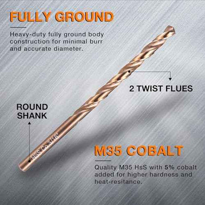 3/16 Inch Cobalt Drill Bits (10pcs), M35 High Speed Steel, 135 Degree Tip, Jobber Length Twist Drill Bit Set for Hard Metal, Stainless Steel, Cast Iron, Wood and Plastic, with Storage Case