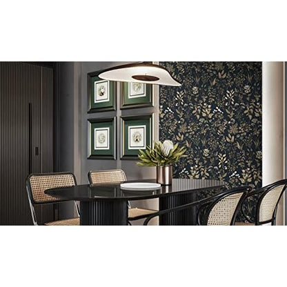Dimoon 78.7"x16.1" Delicate Floral Peel and Stick Wallpaper Black Golden Thicken Waterproof Leaf Vintage Flower Contact Paper Self Adhesive Wallpaper Removable, Shelf Liner Decal Vinyl Roll