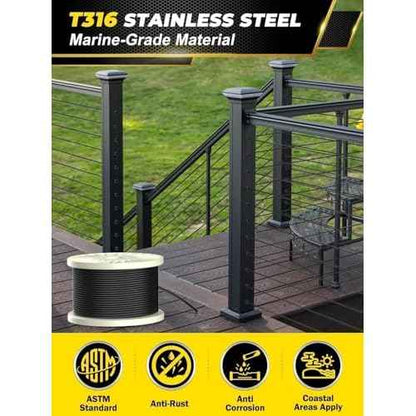 TooTaci T316 Stainless Steel Cable Railing Kit - 500FT 1/8 Black Wire Rope, 7x7 Flexible Strands, 1800LB Marine Grade Cable - Durable Outdoor Deck Railing Wire for Balcony, Fence, Stair, DIY Projects