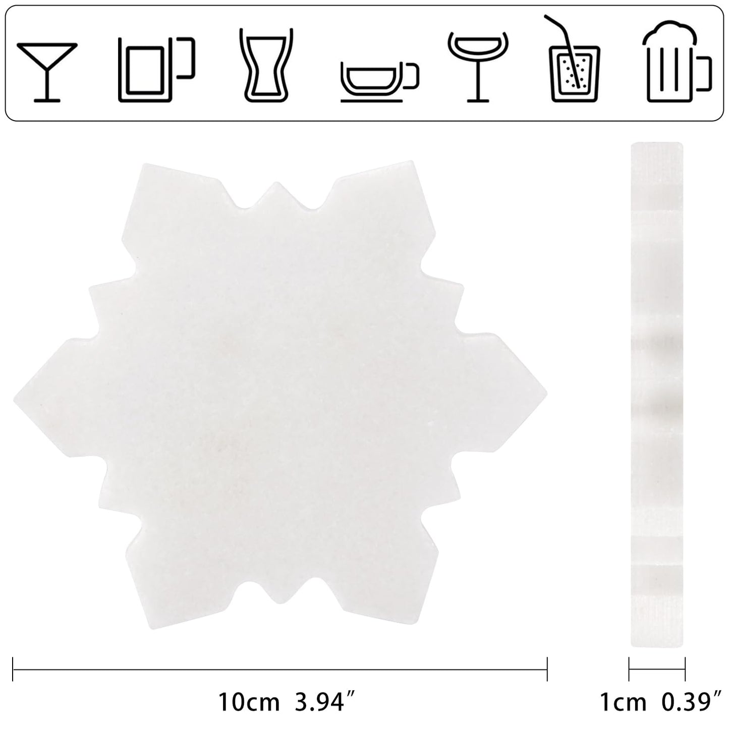 Marble Coasters Set of 6-4 Inch Snowflake Design White Natural Stone Drink Coasters, Modern Luxury Outdoor Cup Coaster Table Protection for Coffee Tab (6, 4 Inch) (6, White, Snowflake)