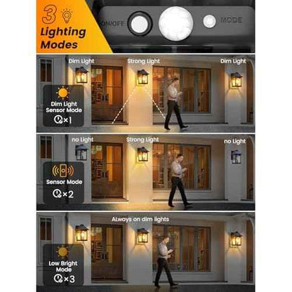 LUHLEE Solar Porch Lights Outdoor,2 Pack Motion Sensor Solar Wall Lights with 3 Lighting Modes,IP65 Waterproof 3000K Wall Sconce for Front Door Garage Shed Barn Patio Decorative