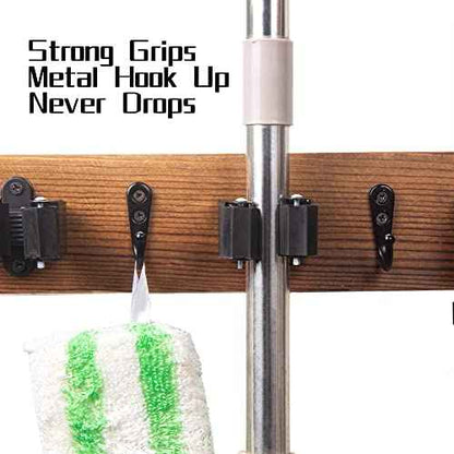 2 Pack Mop and Broom Holder Wall Mount Solid Wood Broom Rack Wall Mount 4 Positions 3 Hooks for Home, Kitchen, Garden, Tools, Garage Organizing, Cleaning Supplies Organizer Indoor Outdoor