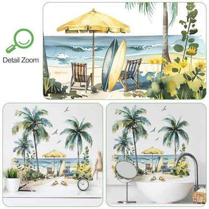 Tropical Palm Tree Wall Stickers Peel and Stick Summer Beach Wall Decals Large Sea Waves Beach Chairs Wall Art Decal for Living Room Bedroom Offiice Sofa TV Background Decor