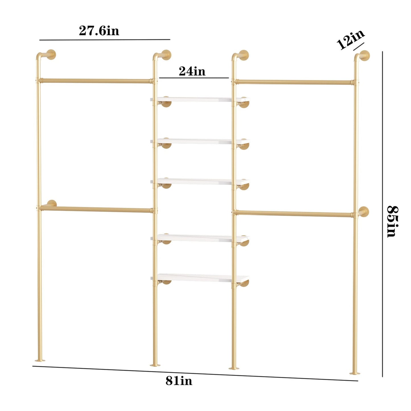 WTPLWD Industrial Pipe Clothing Racks with 5 Shelves, Wall Mounted Gold Clothes Rack for Hanging Clothes, Gold Wall Clothing Rack, Heavy Duty Clothes Rack for Walk in Closet, Laundry Room
