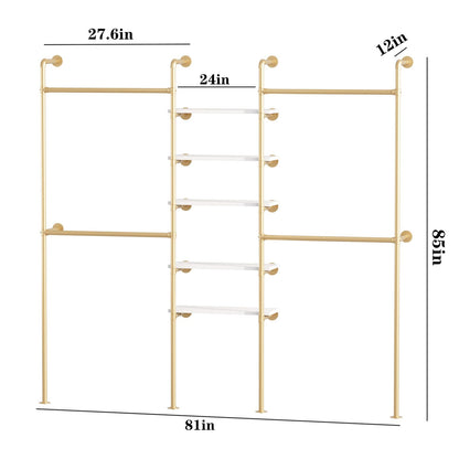 WTPLWD Industrial Pipe Clothing Racks with 5 Shelves, Wall Mounted Gold Clothes Rack for Hanging Clothes, Gold Wall Clothing Rack, Heavy Duty Clothes Rack for Walk in Closet, Laundry Room