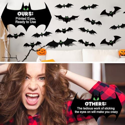 Halloween Bats Decorations Indoor - 110 Pcs With Glow in The Dark Eyes, 3D Wall Decor, 5 Styles, 136 Pcs Double-Sided Tape Included