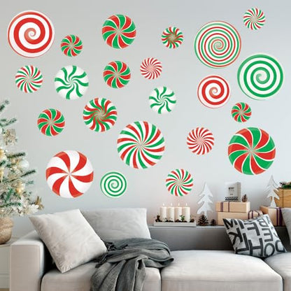 Christmas Holiday Decorations, Red and Green Swirl Candy Cane Peppermint PVC Wall Decals, 64 Pieces