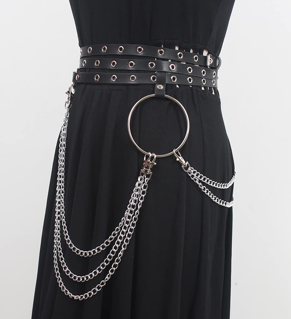 HUI GUO Women's Gothic Body Chain Belt Leather Punk Waist Belt with O-ring Metal Chain Tassel Adjustable Buckles(Black3), One Size