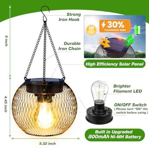 Solar Lanterns Outdoor Waterproof 4 Pack, Upgraded Metal Solar Hanging Lights with Hooks & Auto On/Off, Brighter Warm Outdoor Hanging Lantern Lighting for Porch Garden Yard Pathway Decor
