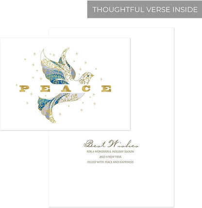 Masterpiece Elegant Dove Christmas Cards / 15 Religious Dove Holiday Cards Set With Gold Foil And White Envelopes / 5 5/8" x 7 7/8" Greeting Cards With Inside Verse
